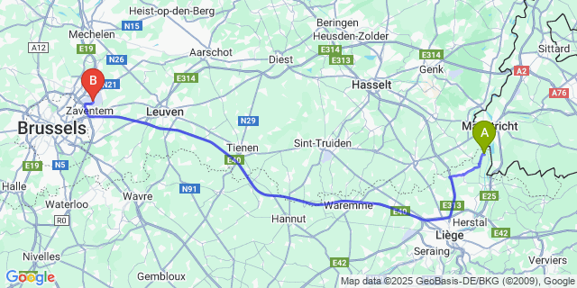 Map: Brussels Zaventem Airport (BRU) to Eben-Emael