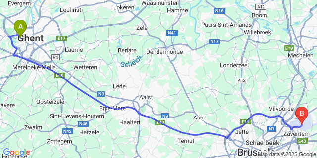 Map: Brussels Zaventem Airport (BRU) to Ekkergem