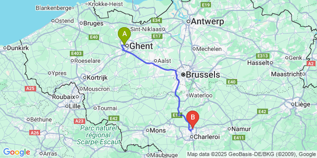 Map: Charleroi Airport Brussels South (CRL) to Ekkergem