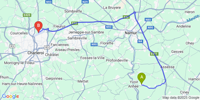 Map: Charleroi Airport Brussels South (CRL) to Evrehailles