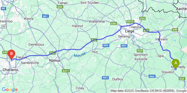 Map: Charleroi Airport Brussels South (CRL) to Falize