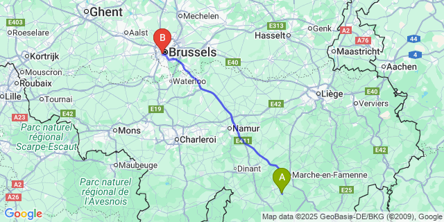 Map: Brussels Midi Train Station to Forrieres
