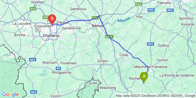 Map: Charleroi Airport Brussels South (CRL) to Forrieres