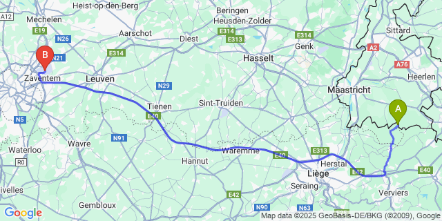 Map: Brussels Zaventem Airport (BRU) to Gieveld
