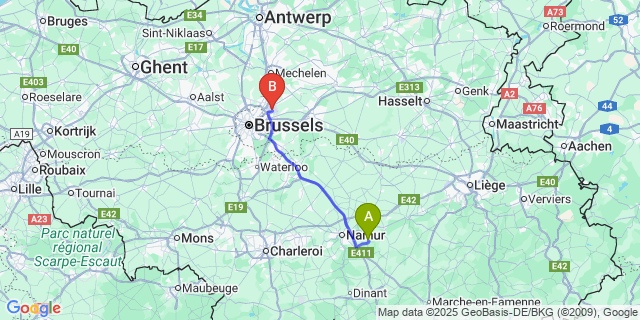 Map: Brussels Zaventem Airport (BRU) to Goyet