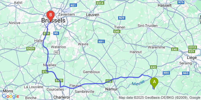 Map: Brussels Midi Train Station to Grand-Marchin