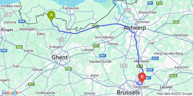 Map: Brussels Zaventem Airport (BRU) to ’s Gravenjansdijk