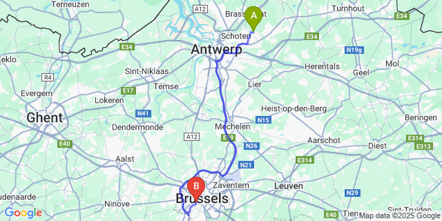 Map: Brussels Midi Train Station to ’s-Gravenwezel