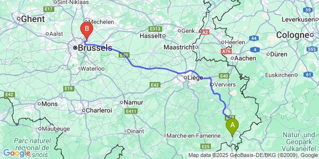 Map: Brussels Zaventem Airport (BRU) to Grufflingen