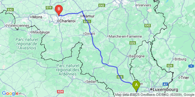 Map: Charleroi Airport Brussels South (CRL) to Guerlange