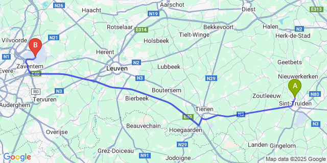 Map: Brussels Zaventem Airport (BRU) to Guvelingen
