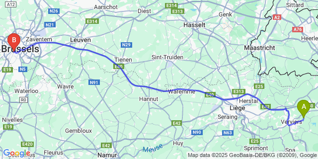 Map: Brussels Midi Train Station to Halloux