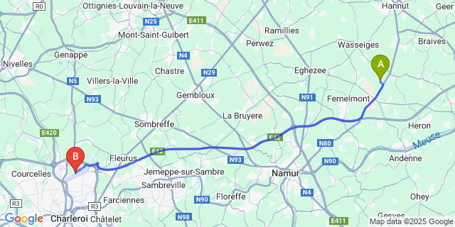 Map: Charleroi Airport Brussels South (CRL) to Hanneche