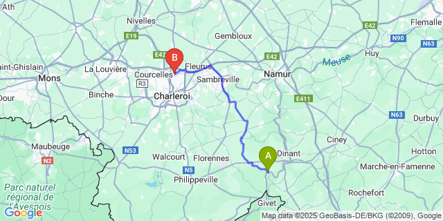 Map: Charleroi Airport Brussels South (CRL) to Hastiere-par-dela