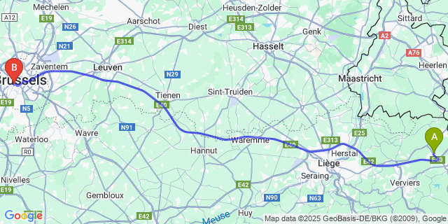 Map: Brussels Midi Train Station to Herbesthal