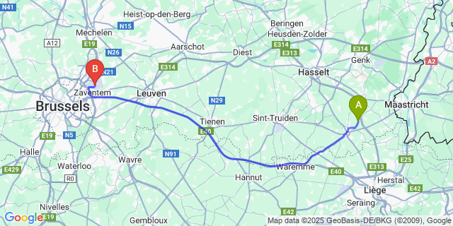 Map: Brussels Zaventem Airport (BRU) to ’s Herenelderen