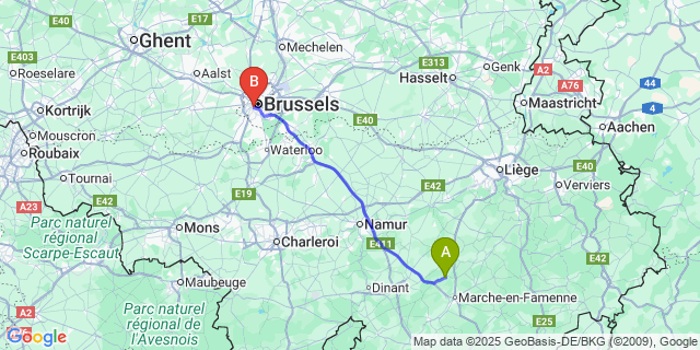 Map: Brussels Midi Train Station to Heure-en-Famenne