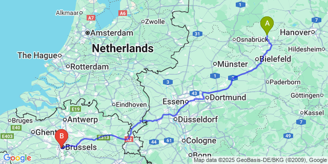 Map: Brussels Midi Train Station to Hille