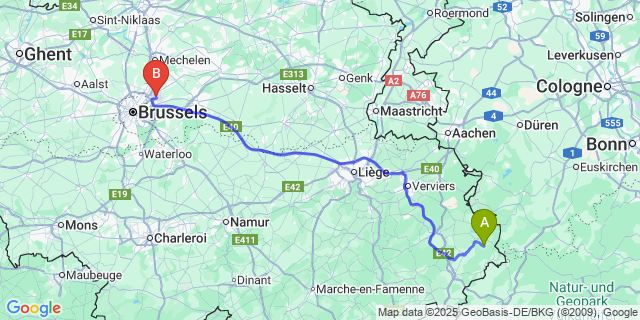 Map: Brussels Zaventem Airport (BRU) to Honsfeld