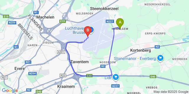 Map: Brussels Zaventem Airport (BRU) to Humelgem