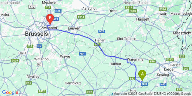 Map: Brussels Zaventem Airport (BRU) to Jehay