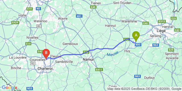 Map: Charleroi Airport Brussels South (CRL) to Jehay