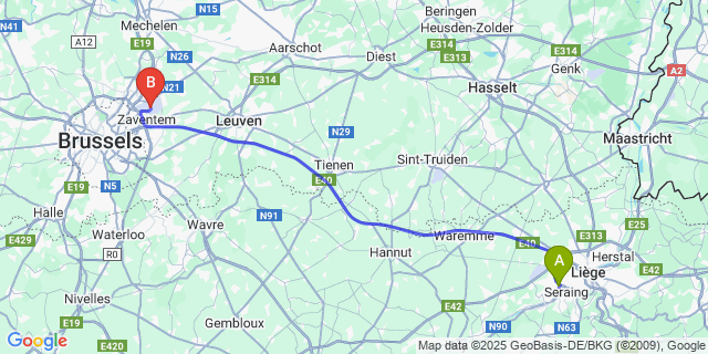 Map: Brussels Zaventem Airport (BRU) to Jemeppe-sur-Meuse