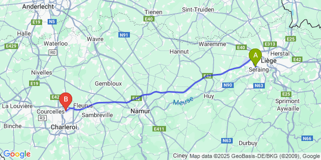 Map: Charleroi Airport Brussels South (CRL) to Jemeppe-sur-Meuse