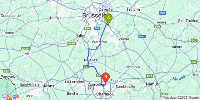 Map: Charleroi Airport Brussels South (CRL) to Jezus-Eik