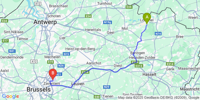 Map: Brussels Zaventem Airport (BRU) to Kattenbos