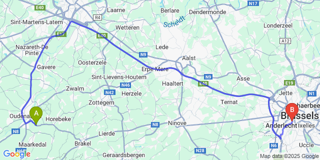 Map: Brussels Midi Train Station to Kerselare