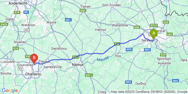 Map: Charleroi Airport Brussels South (CRL) to Kinkempois