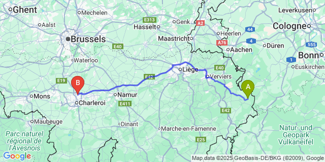 Map: Charleroi Airport Brussels South (CRL) to Krinkelt