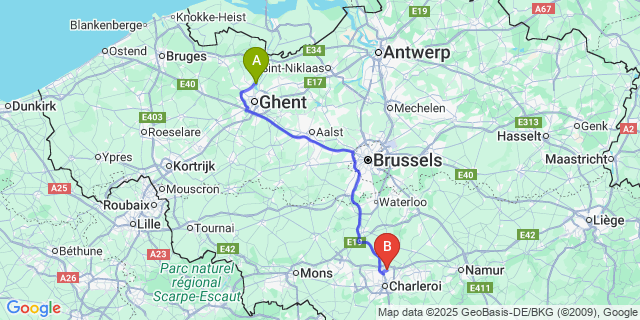 Map: Charleroi Airport Brussels South (CRL) to Langerbrugge
