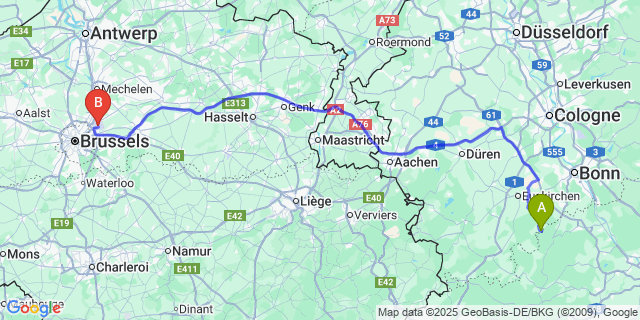 Map: Brussels Zaventem Airport (BRU) to Lanzerath