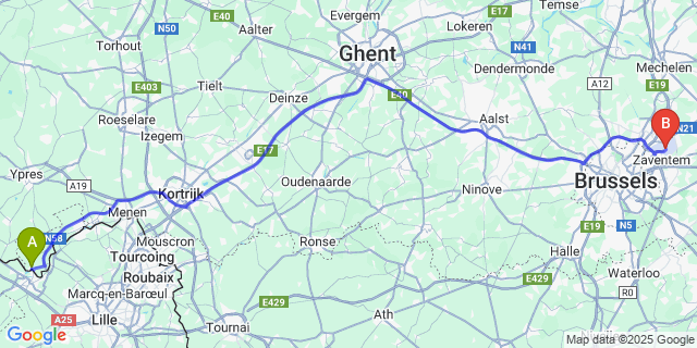 Map: Brussels Zaventem Airport (BRU) to Le Bizet