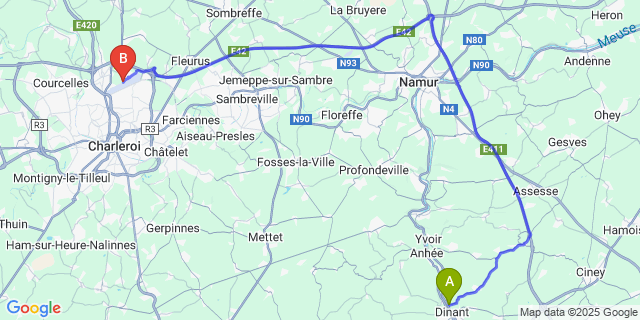 Map: Charleroi Airport Brussels South (CRL) to Leffe