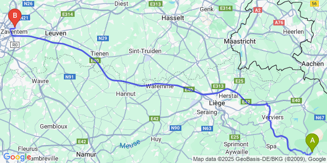 Map: Brussels Zaventem Airport (BRU) to Longfaye