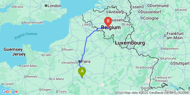 Map: Charleroi Airport Brussels South (CRL) to Lorcy