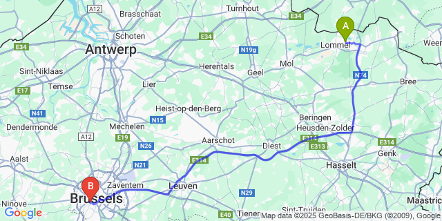 Map: Brussels Midi Train Station to Lutlommel