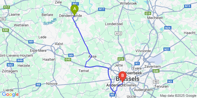 Map: Brussels Midi Train Station to Lutterzele