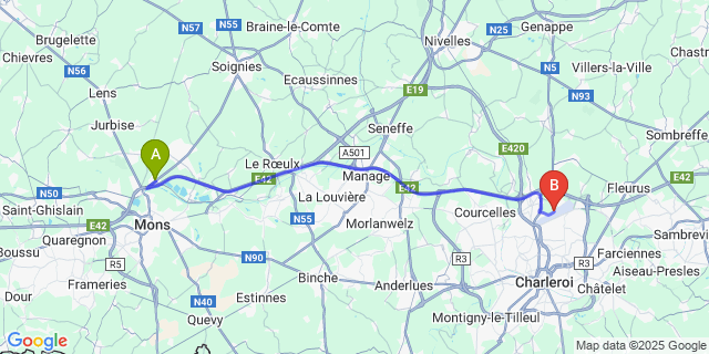 Map: Charleroi Airport Brussels South (CRL) to Maisieres