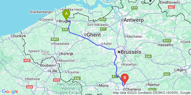 Map: Charleroi Airport Brussels South (CRL) to Maldegem-Donk