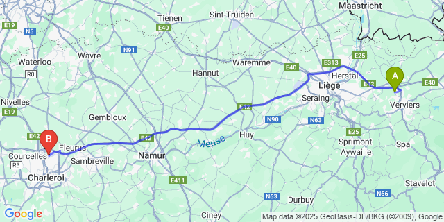 Map: Charleroi Airport Brussels South (CRL) to Manaihant