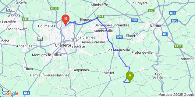 Map: Charleroi Airport Brussels South (CRL) to Maredret