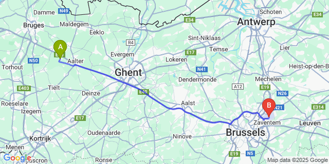 Map: Brussels Zaventem Airport (BRU) to Maria-Aalter