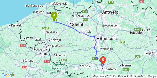 Map: Charleroi Airport Brussels South (CRL) to Maria-Aalter