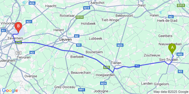 Map: Brussels Zaventem Airport (BRU) to Melveren
