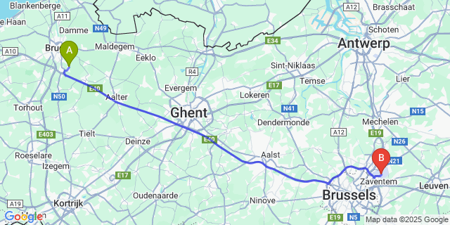 Map: Brussels Zaventem Airport (BRU) to Moerbrugge