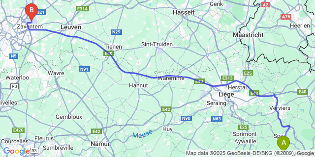 Map: Brussels Zaventem Airport (BRU) to Moulin de Ruy